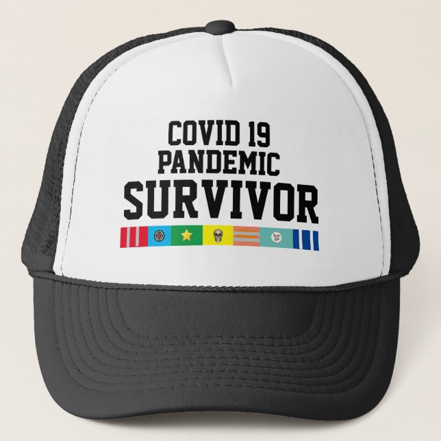 Mens Sports Novelty COVID 19 PANDEMIC SURVIVOR Trucker Hat (Front)