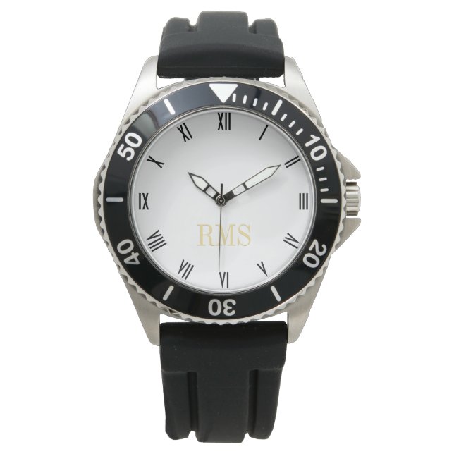 Mens Sporty Rugged Monogrammed Black Rubber Strap Watch (Front)