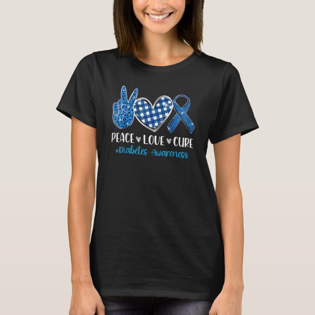 Mens Support Peace Love Cure Grey Blue Ribbon Diab T-Shirt (Front)