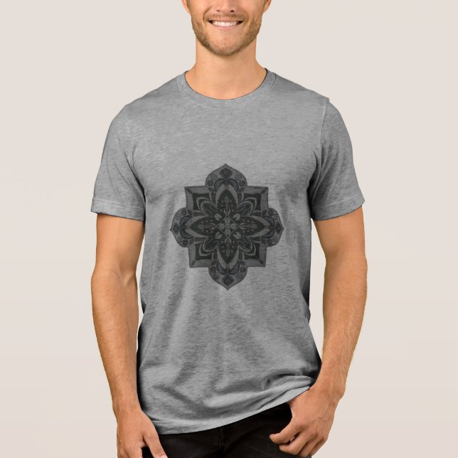 Men's t-shirt with geometric gray & black mandala Tri-Blend shirt (Front)
