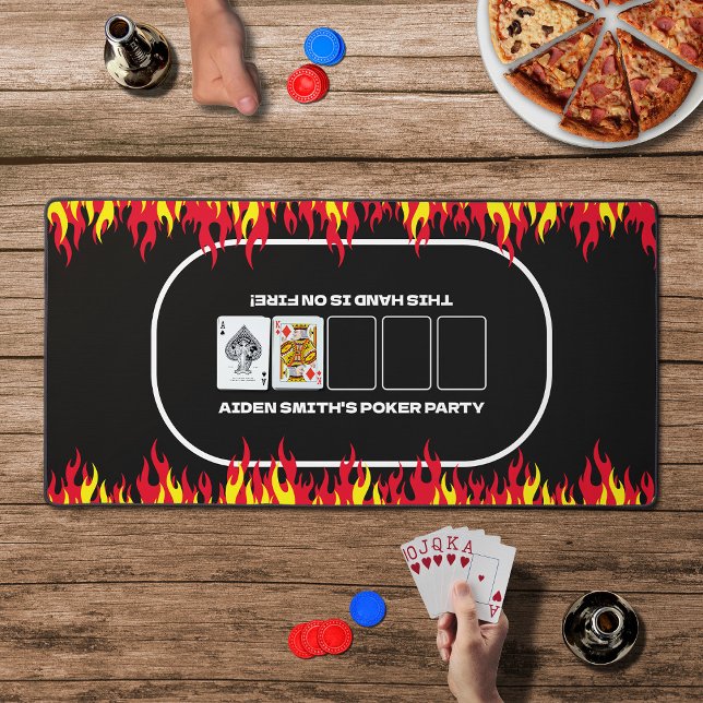 Men's Texas Hold'em Black Red Fire Poker Table Desk Mat (In Situ)