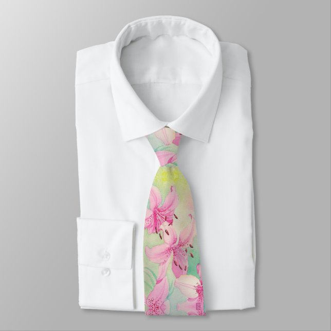 Men's Tie Pink Watercolor Lilies (Tied)