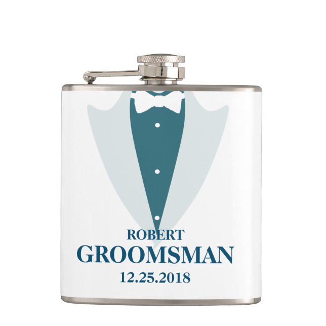 Mens Tuxedo and Groomsmen Wedding Hip Flask (Front)