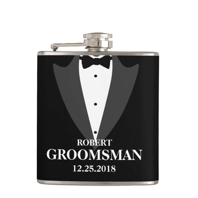 Mens Tuxedo and Groomsmen Wedding Hip Flask (Front)