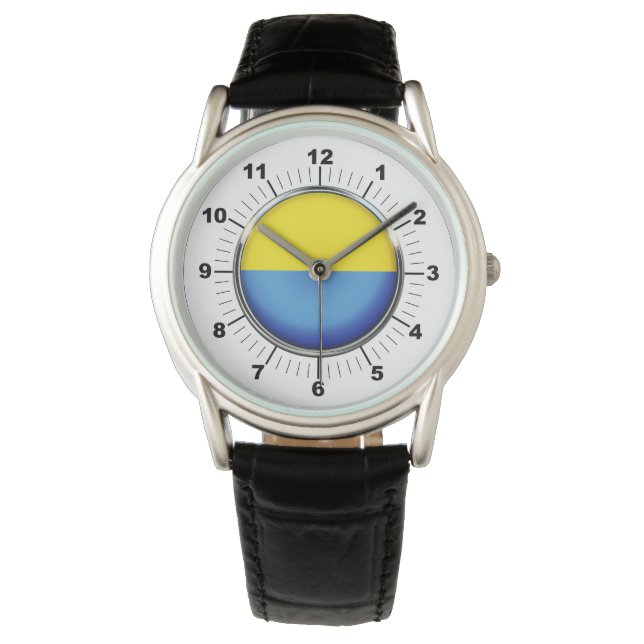 Men's Ukraine Flag Crown Black Leather Strap Watch (Front)