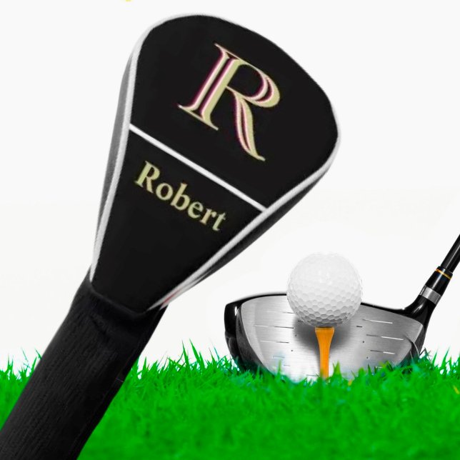 Men's Unique Monogram Name Black White Gold Golf Head Cover (Creator Uploaded)