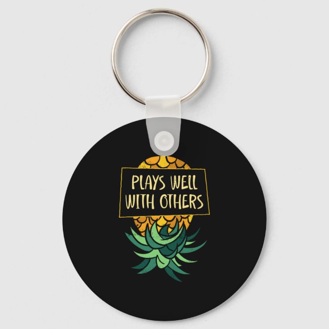Mens upside down pineapple plays others funny keychain (Front)