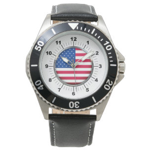 Men's USA Stainless Steel Black Leather Strap Watch