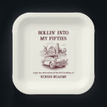 Men's Vintage Barn Car Rollin' into 50th Birthday Paper Plate<br><div class="desc">Journey into your fifties with Our Classic Car-Themed paper plates! Celebrate the birthday men's new era with our beautifully crafted "Rollin’ into my fifties" plates. The vintage design, complete with a classic car and rustic barn, captures the essence of a exiting journey ahead. With customizable text in an elegant serif...</div>