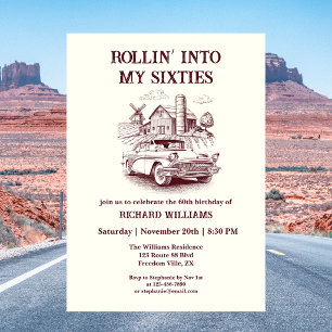 Men's Vintage Barn Car Rollin' into 60th Birthday Invitation
