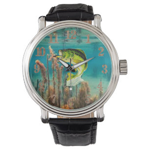 Men's Vintage Black Leather Strap Bass Watch
