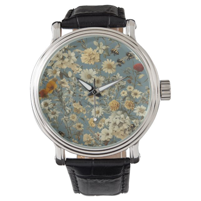 Men's Vintage Black Leather Strap Watch (Front)