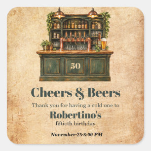 Men's Vintage Pub Cheers & Beer 50th Birthday Square Sticker