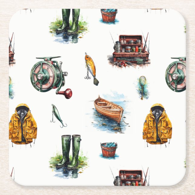 Men's Watercolor Fishing Gear Pattern Square Paper Coaster (Front)