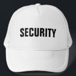 Mens Womens Black White Custom Text Security Trucker Hat<br><div class="desc">Add Image Company Logo Text Here Modern Elegant Template Men's Women's Unisex Security Member Black White Baseball Cap / Trucker Hat.</div>