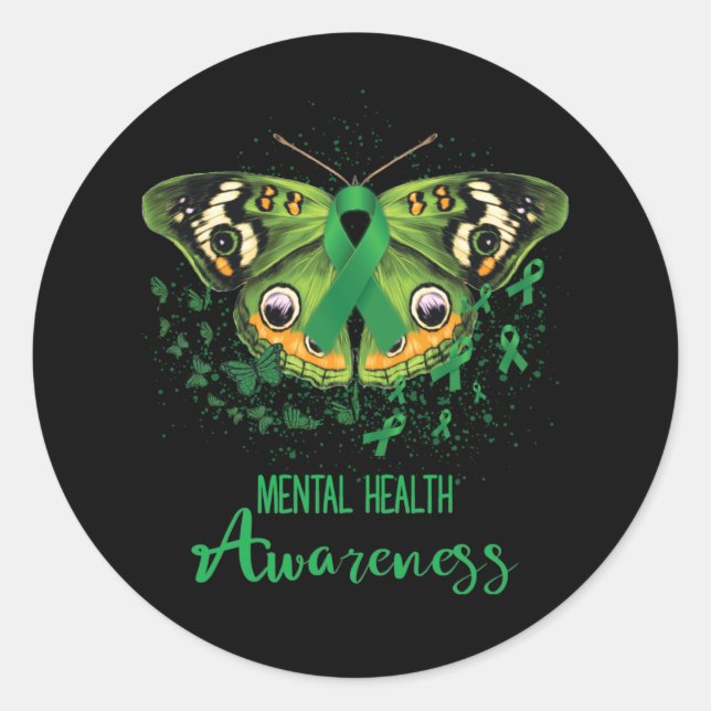 Mental Health Awareness Butterfly Green Ribbon Classic Round Sticker (Front)