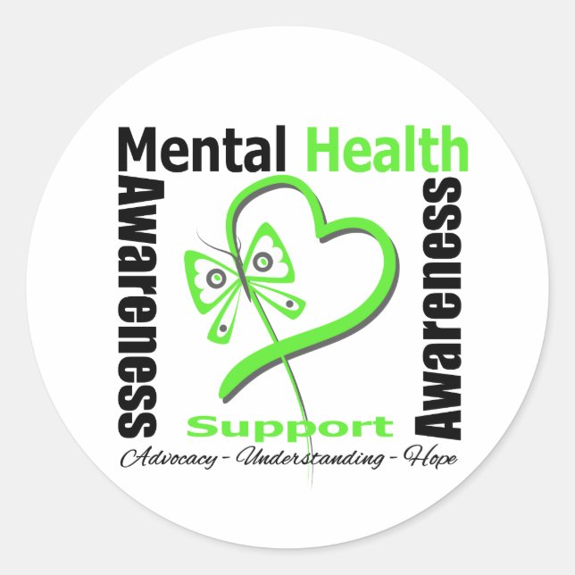 Mental Health Awareness Heart Butterfly Ribbon Classic Round Sticker (Front)