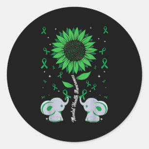 Mental Health Awareness Sunflower Elephant Green R Classic Round Sticker