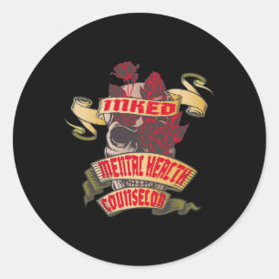 Mental Health Counsellor Inked Skull and Red Roses Classic Round Sticker