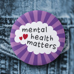 Mental health matters pinback badge 2 inch round button<br><div class="desc">Pinback button badge featuring the text mental health matters with red hearts on a white brain on a purple sunburst background. All colours are customizable in the design tool.</div>