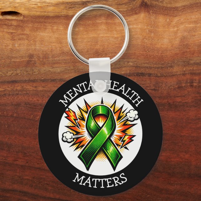 Mental Health Matters Pop Art Green Ribbon Keychain (Front)
