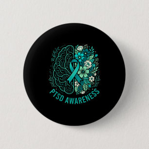 Mental health ptsd awareness brain and floral teal 2 inch round button
