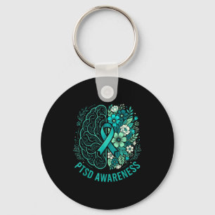 Mental health ptsd awareness brain and floral teal keychain