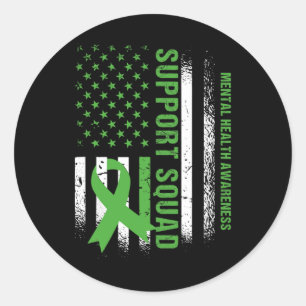 Mental Health Squad Awareness Us Flag Green Ribbon Classic Round Sticker