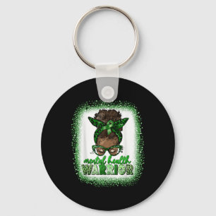 Mental Health Warrior Afro Messy Bun Leopard Black Keychain