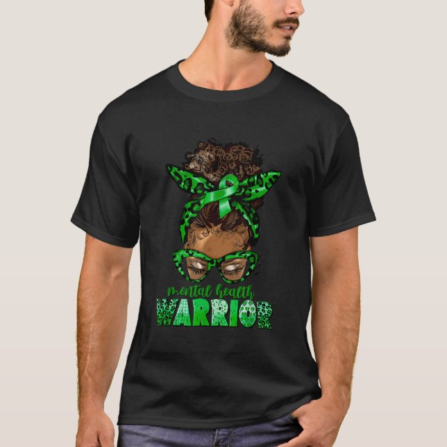Mental Health Warrior Black Woman Messy Bun Ribbon T-Shirt (Front)