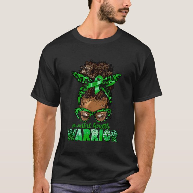 Mental Health Warrior Black Woman Messy Bun Ribbon T-Shirt (Front)