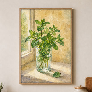 Menthe dans un verre d'eau Affiche aquarelle