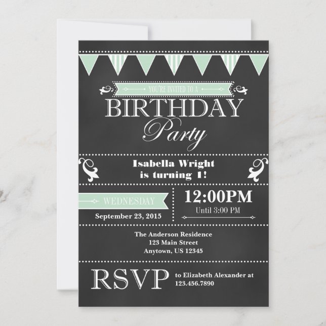 Menthe verte Noir Chalkboard Invitation Anniversai (Devant)