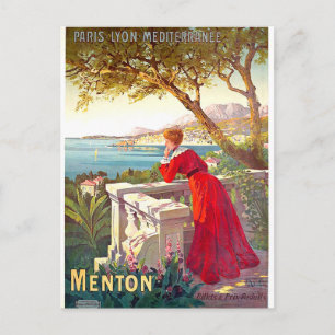 Menton, French riviera landscape, woman on terrace Postcard