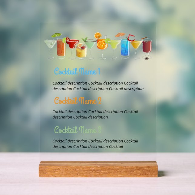 Menu à barres acryliques sur mesure avec cocktails (Neutre)