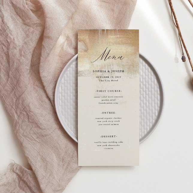 Menu Abstrait d'or | Mariage élégant (An elegant, neutral colored wedding menu with faux gold abstract accents)