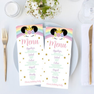 Menu Afro Puff Unicorn Arc en ciel fête d'anniversaire 