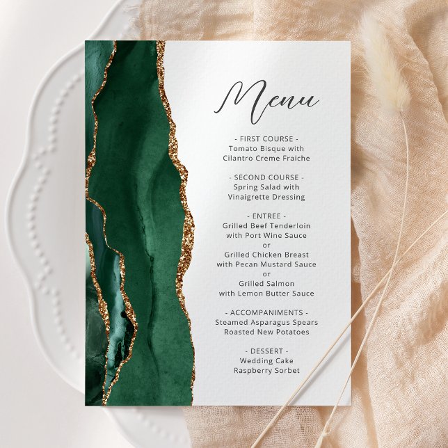 Menu Agate Emerald Green Gold Script Wedding (Créateur téléchargé)