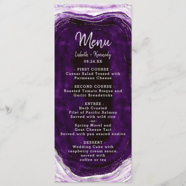 Menu Amethyst Purple & Silver Géode Agate Marbre Dîner (Devant)