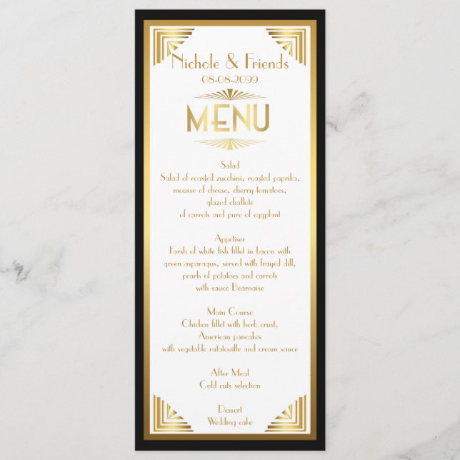 Menu Amis, menu réunion, grand Gatsby, blanc, or (Devant)