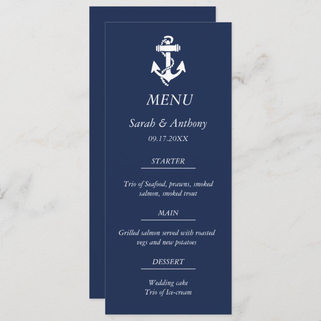 Menu Ancre bleue marine moderne Mariage alimentaire mod (Devant / Derrière)