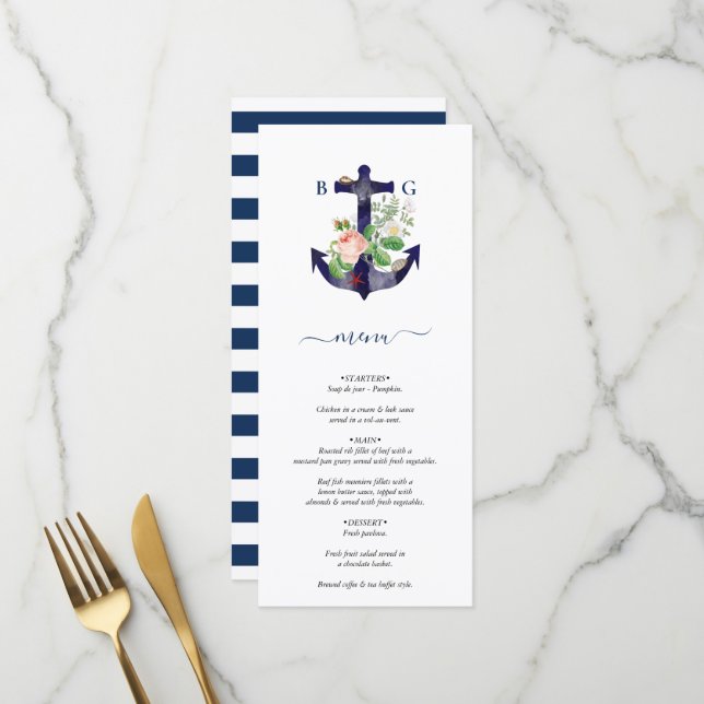 Menu Ancre Botanique Floral Nautique Mariage d'été (Devant/Arrière en situation)