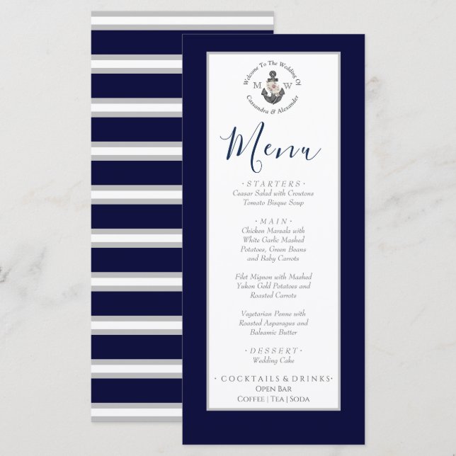 Menu Ancre florale à thème nautique Bleu marine (Devant / Derrière)