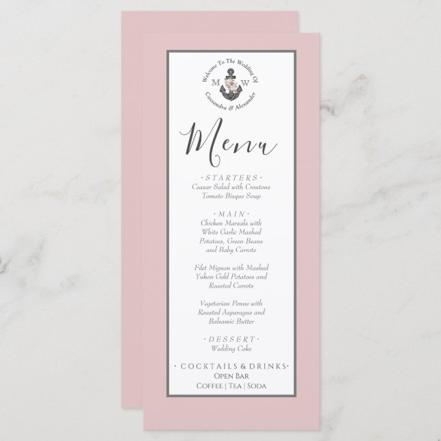Menu Ancre florale à thème nautique Dusty Rose ros (Devant / Derrière)