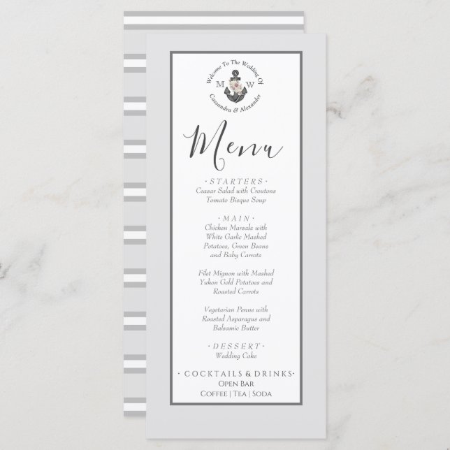 Menu Ancre florale à thème nautique gris argenté (Devant / Derrière)