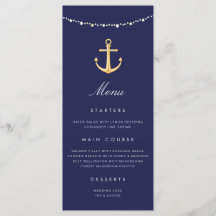 Menu Ancre nautique Mariage Marine Blue Gold