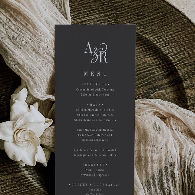 Menu ANDREA Classic Grey Dark Academia Monogram Mariage (ANDREA Classic Gray Dark Academia Monogram Wedding Menu)