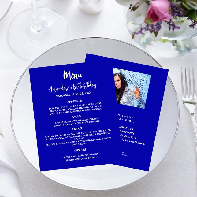 Menu Anniversaire bleu royal blanc amusant faits p (Créateur téléchargé)