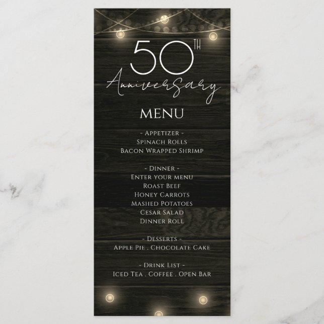 Menu Anniversaire du mariage 50e bois rustique et lumiè (Devant)