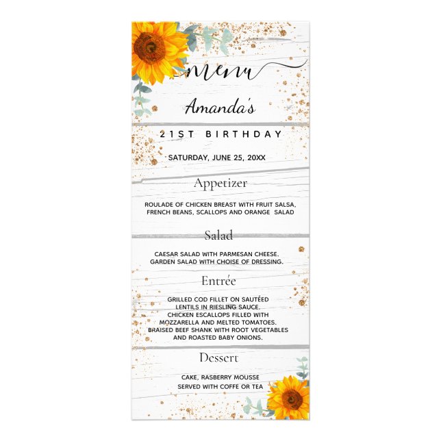 Menu Anniversaire tournesols parties scintillant e (Devant)